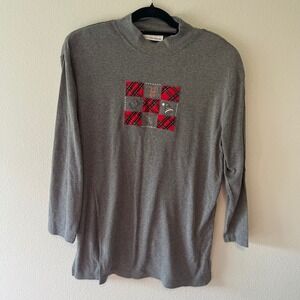 Steven Ross Naturally Women Grey Mock Neck Long Sleeve Holiday Patchwork Shirt L